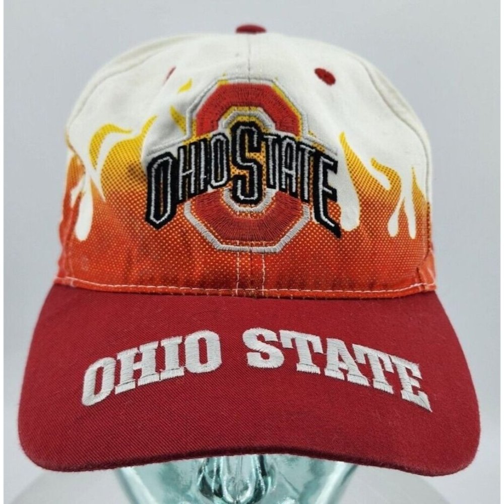 Vintage RARE 90s OSU Ohio State Buckeyes On Fire Flames Snapback Hat Front Row
